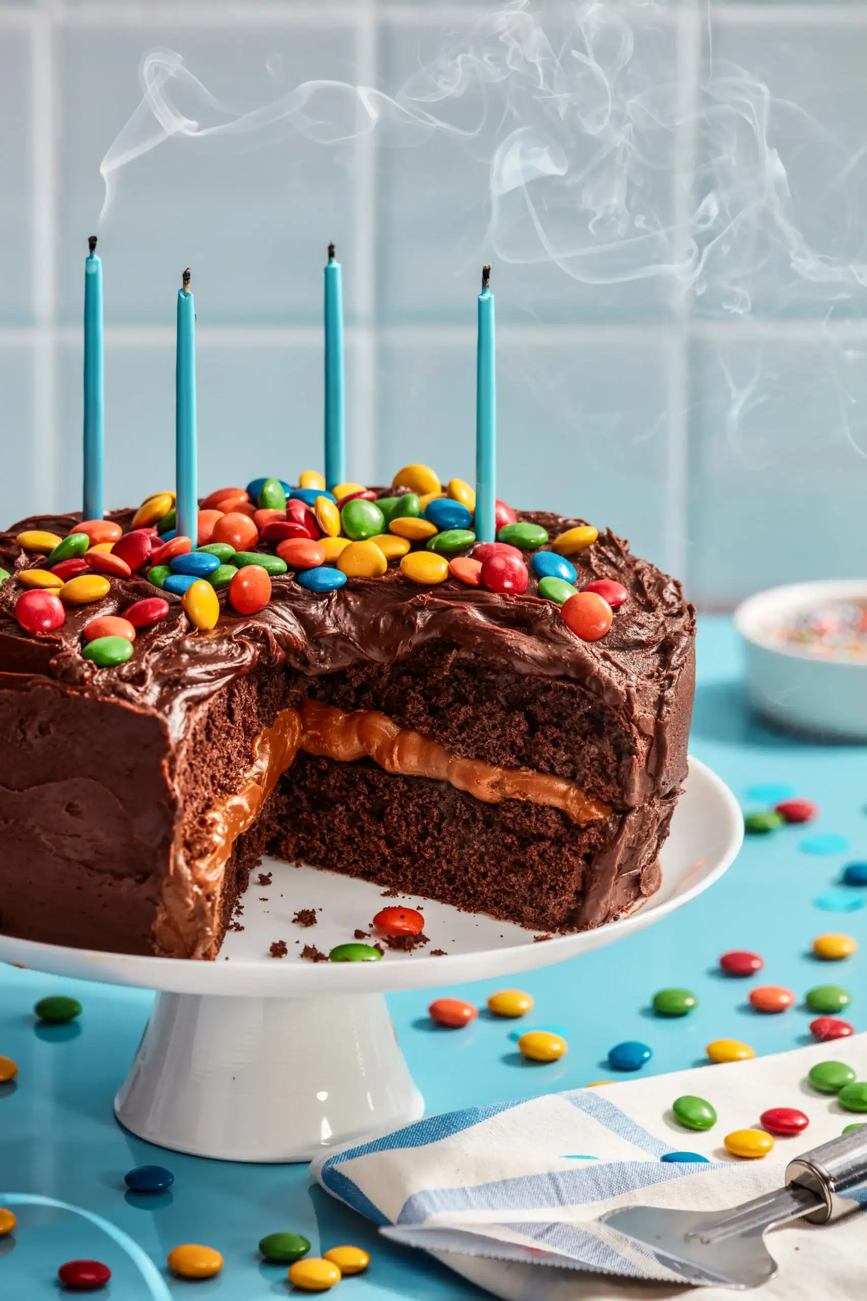 Torta de cumpleaños de chocolate con velas y confites coloridos.