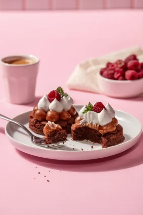 Mini cakes de brownie con frutas, crema y menta en plato blanco.