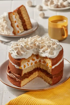 Torta Chajá con crema, frutas y bizcochos en un plato.