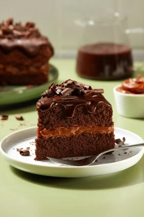 Torta chocolatosa con capa de chocolate y relleno de dulce de leche.