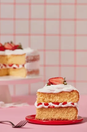 Torta de vainilla con crema y frutillas frescas para postre.